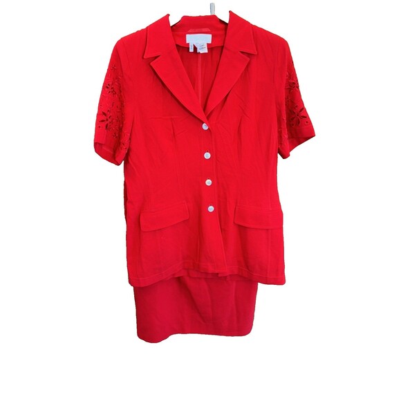 Escada Two Piece Skirt Suit Set Short Sleeve Blazer Women 40 42 M Red Wool Zip - Picture 1 of 16